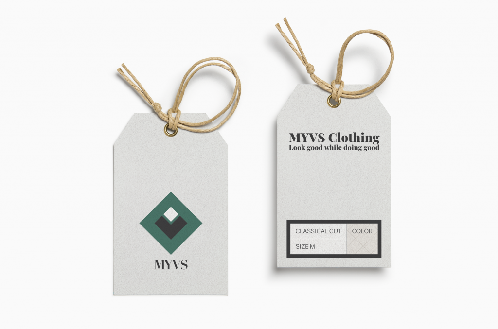 Two gray label tags with the MYVS logo and information about the garment on a white background