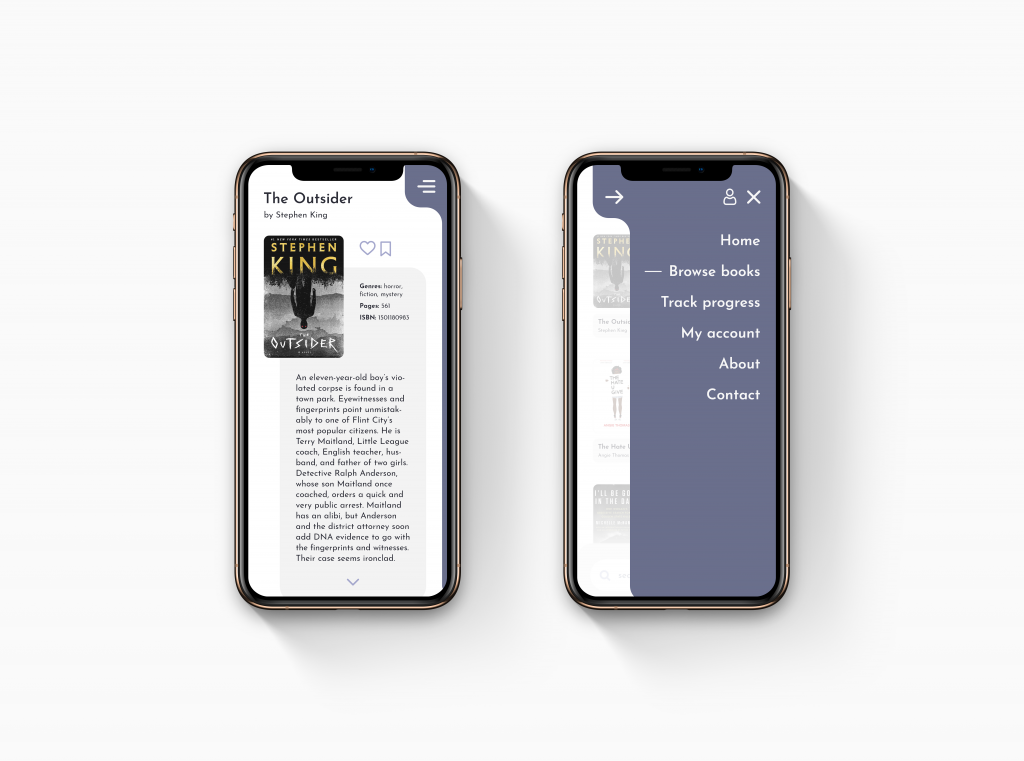 Two phones side by side showing the product page and menu of a website