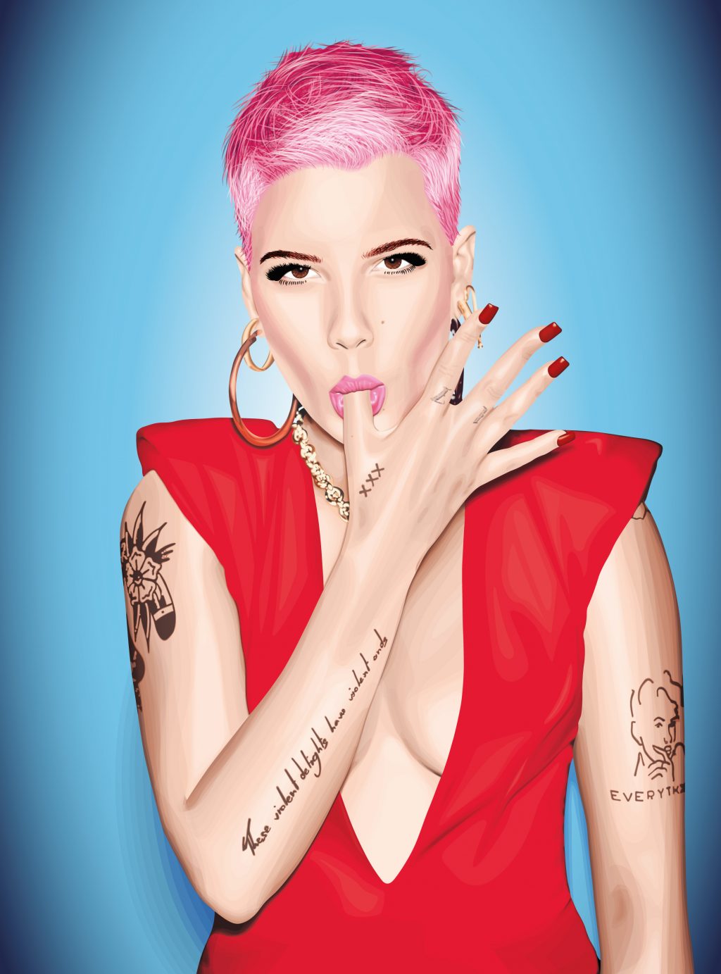 Illustration of the artist Halsey, with pink hair and a red dress